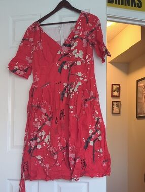 Red Floral Wrap-Style Midi Dress